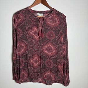 Lucky Brand Shirt Long Sleeve Sheer Maroon Black Women's Size Large Tassel Tie